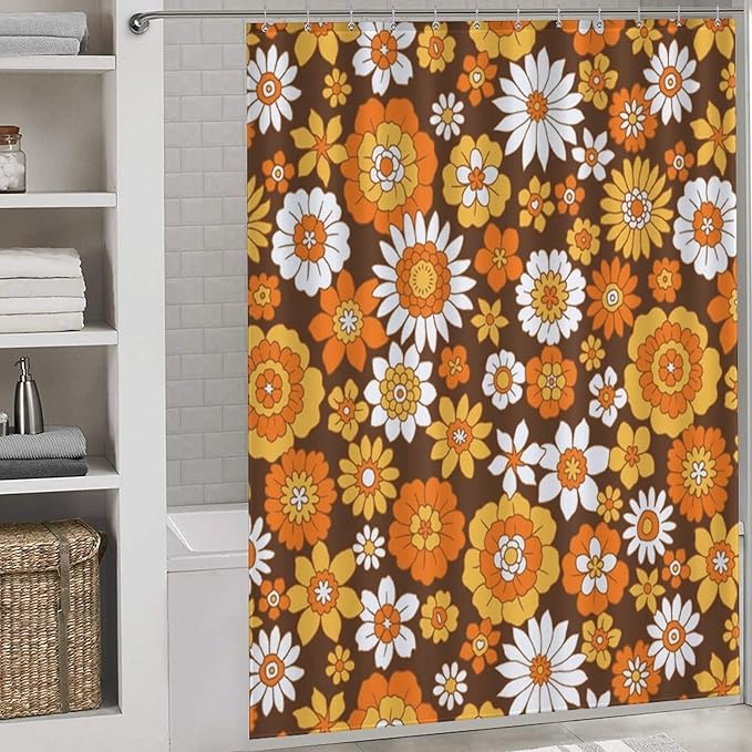 Groovy Floral Shower Curtain for Bathroom,Rustic Hippie Orange 70s Daisy Floral Flower Cute Boho Funky Trippy Vintage Waterproof Fabric Shower Curtain Set with Hooks, 72"x72"