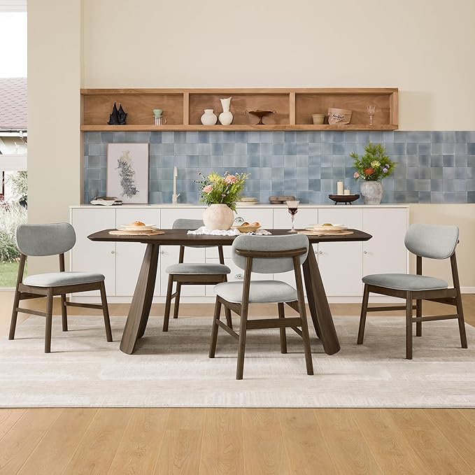 CHITA 71" Modern Dining Table for 6, Rectangle Wood Kitchen & Dining Room Table, Solid Rubberwood Frame, Bentwood Legs, Walnut Venner
