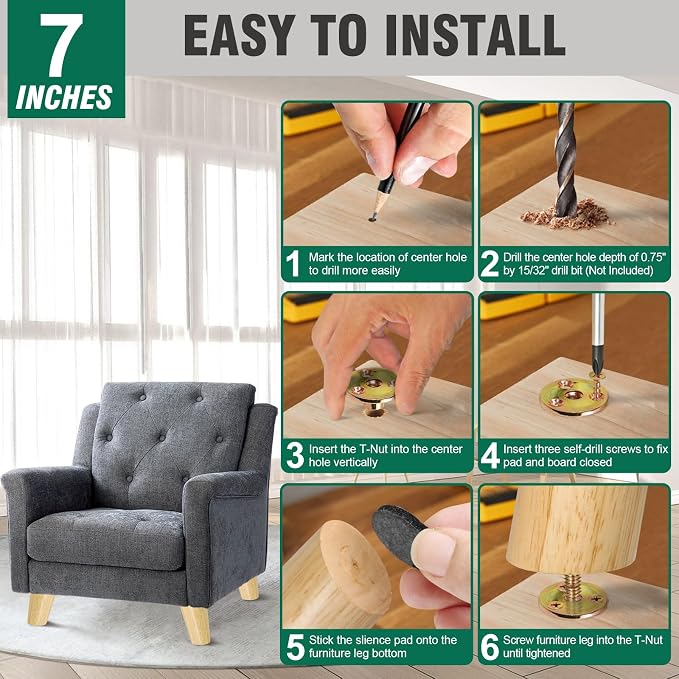 FoDau770 Rubber Wood Furniture Legs 7 Inches, 5/16" UNC Slant Tapered Wood Feet Mid Century Sofa Legs, Wooden Furniture Feet Replacement Parts for Cabinet Couch Dresser Chair Ottoman Table