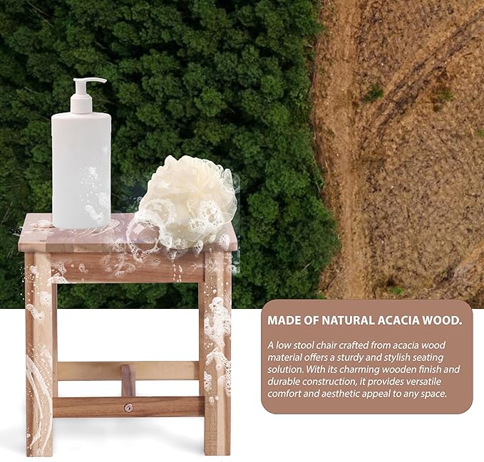 12 Inch Wooden Light Natural Step Stool, Small Nature Beach Chair Under Desk, Indoor Acacia Wood Short Footstool for Living Room, Kitchen, Bathroom