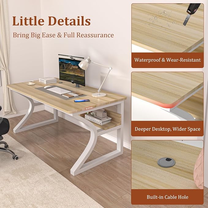 AZN Computer Desk, 55x24 in Computer Desk, Office Desk w/Storage & U-Size Metal Frame for Home Office Bedroom Gaming, Office Desk w/Water-Resistant, Scratchproof Surface, Light Walnut