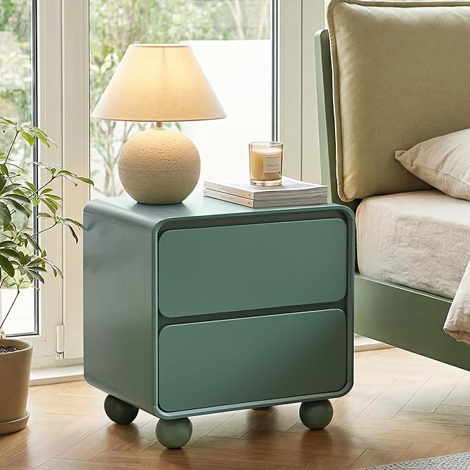AVZEAR Modern 2 Drawer Dresser, 2 Drawer Nightstand Small Wooden Dresser Chest of Drawers, Handle Free & Curved Profile Design Sofa End Table for Living Room, Nursery, Green