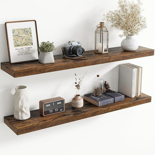 48 Inch Floating Shelves for Wall, 8 Inch Deep Floating Shelf for Storage & Display, Wall Mounted Shelf with Invisible Brackets for Living Room, Kitchen, Bathroom, Home Decor, Set of 2, Rustic Brown