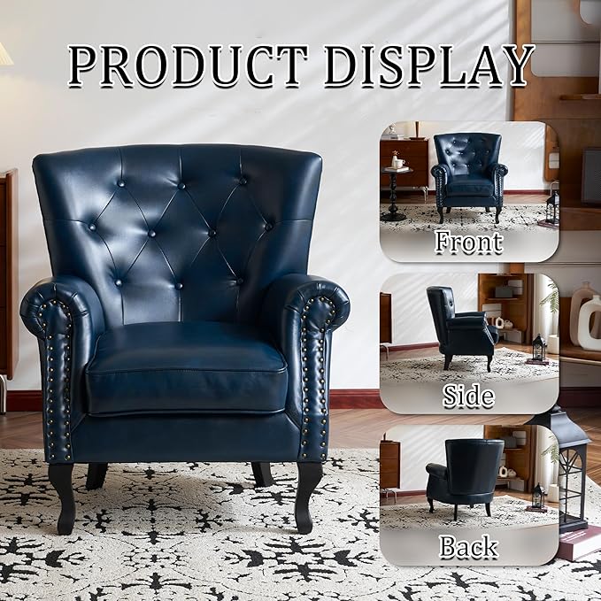 Modern Accent Chair Set of 2, Mid-Century PU Leather Armchair with Solid Wood Legs, Single Sofa Chair for Living Room, Bedroom, Leisure Room, or Reading Room(Navy)