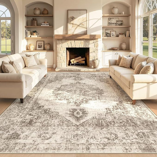 Area Rug 8x10 Vintage Rugs: Large Washable Indoor Medallion Rug Low Pile Distressed Floor Carpet Retro Accent Rugs for Living Room Bedroom Kitchen Dining Table Home Office(Taupe, 8'x10')