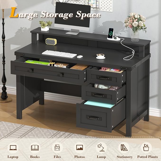 YOMILUVE Farmhouse Computer Desk with Drawers, 47" Small Computer Desk with Power Outlets, Home Office Desk with Monitor Stand & 4 Drawers, Writing Study Table, Black