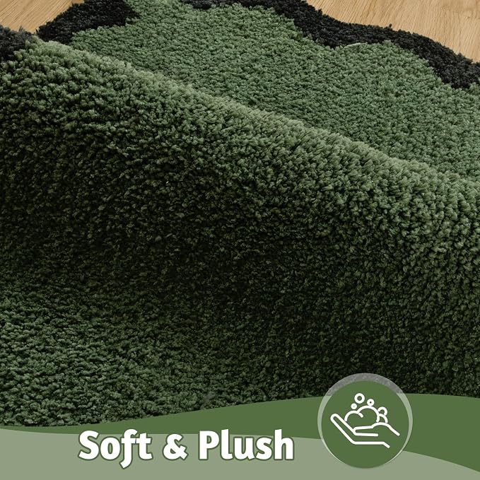 Uphome Bathroom Rug Runner, Green Long Irregular Shaped Bathroom Rug Absorbent Non Slip, 18x47 Soft Cute Machine Washable Shaggy Microfiber Bath Mat for Floor, Tub, Shower