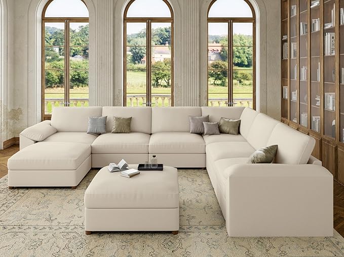 EASE MOOSE Leather Sectional Couch, Oversized Faux Leather Sectional Sofa, Wide Deep Modular Couch, Scratch Resistant Material Sofas, U Shaped Couch,Beige
