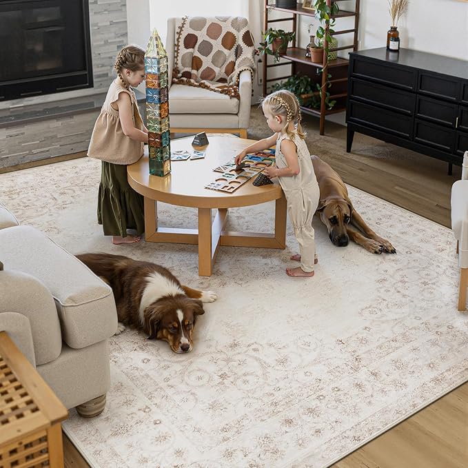 Area Rug 8x10 Vintage Rug: Large Washable Indoor Medallion Rugs Low Pile Distressed Floor Carpet Retro Accent Rug for Living Room Bedroom Kitchen Dining Table Home Office(Distressed Beige, 8'x10')