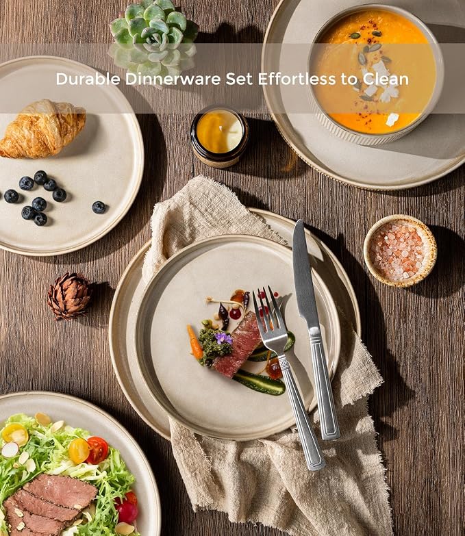 GBHOME 18-Piece Stoneware Dinnerware Set for 6 – Ribbed Ceramic Plates and Bowls, Scratch-Resistant, Microwave & Dishwasher Safe, Reactive Glaze, Cappuccino