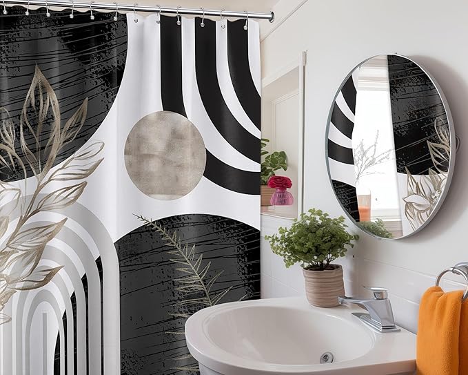Mid Century Modern Black and White Shower Curtain Cool Charcoal Grey Silver Shower Curtains for Mens Bathroom Decor Sets, Abstract Boho Pattern, Waterproof Cloth Fabric with Hooks 70x72 in