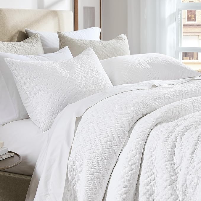 palassio White 100% Cotton Quilt Twin Size Bedding Sets with 1 Pillow Sham, Lightweight Textured Farmhouse Country Bedspread Soft Shabby Chic Patterned Coverlet for All Season, 2 Pieces