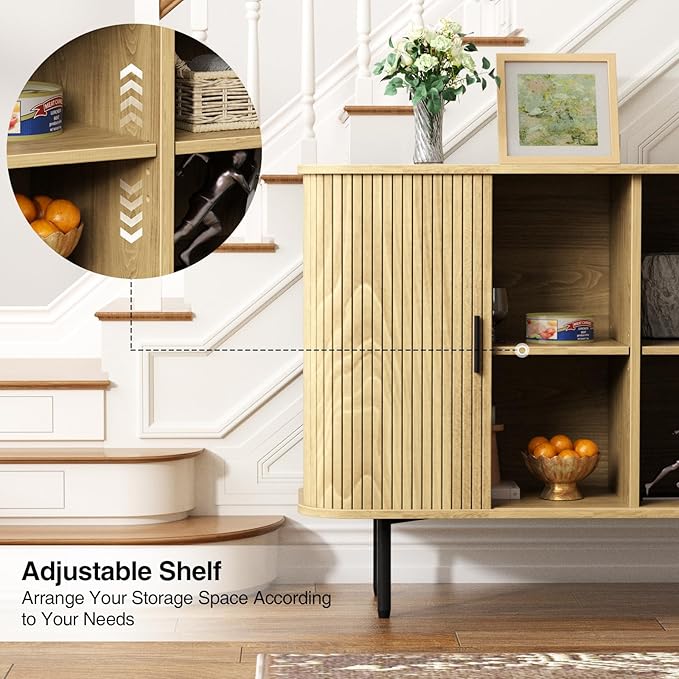 Vabches 47''W x 32''H Storage Cabinet, Fluted Sideboard Buffet Accent Cabinet with Storage, Console Table Credenza with Tambour Slatted Sliding Doors and Shelves for Living Room, Kitchen, Natural