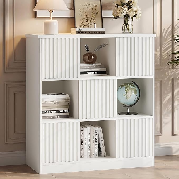 Einhomn Cube Storage Organizer with Sliding Doors, Wooden Bookshelf Storage Cabinet, 9 Cube Bookcase Organizer for Living Room Bedroom Office, White