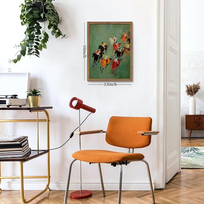 Framed Vintage Abstract Wall Art, Retro Horse Racing Scene Poster Prints, Modern Classic Equestrian Canvas Artwork, Energetic Vibrant Sports Wall Decor for Living Room Office Game Room 12x16in