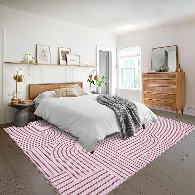 Washable Rug 5x7 Area Rugs for Living Room, Abstract Rug for Bedroom, Soft Rainbow Non Slip Throw Rugs with Rubber Back, Low Pile Stain Resistant Boho Geometric Carpet for Dining Room, Pink