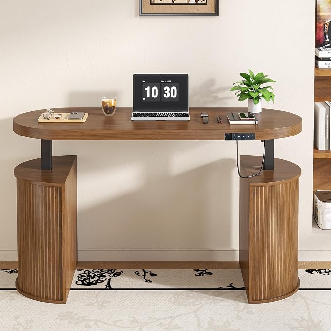 Mid Century Modern Electric Standing Desk with Storage, 55 x 22 Inch Small Sit Stand Up Desk, Wood Adjustable Height Computer Executive Desk for Home Office, Laptop, Walnut