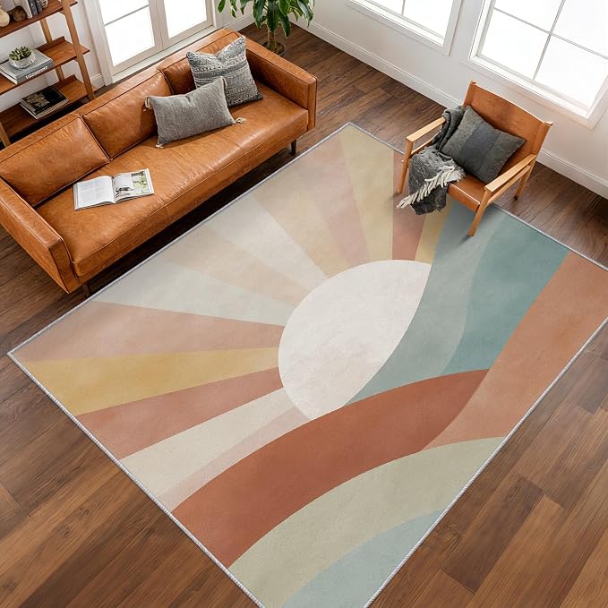 6x9 Boho Sun Rugs for Bedroom Decor, Washable Retro Sunrise Pattern Area Rug, Living Room Home Decoration, Non Slip Soft Thin, Mid Century Modern Decor Carpet PF-P 117