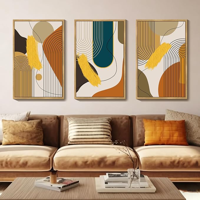 PHOPAGO 24x36in Large Boho Abstract Framed Wall Art Modern Minimalist Luxury Gold Line Artwork Kitchen Dining Room Decor Natural Framed
