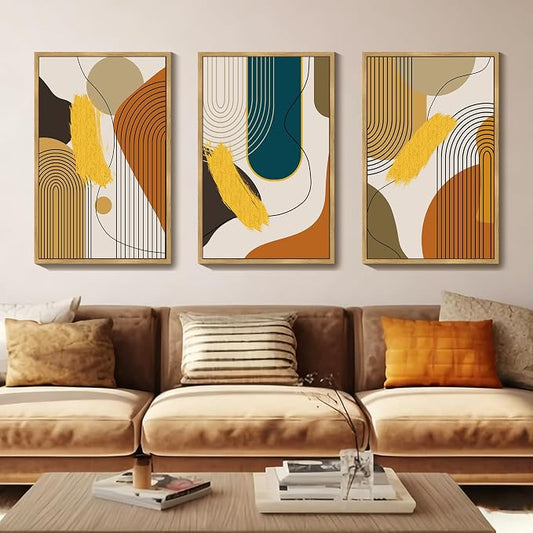 PHOPAGO 24x36in Large Boho Abstract Framed Wall Art Modern Minimalist Luxury Gold Line Artwork Kitchen Dining Room Decor Natural Framed