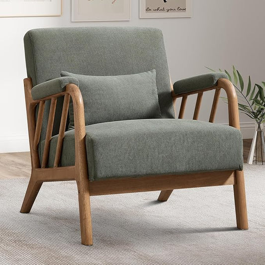 INZOY Mid Century Modern Accent Chair with Wood Frame, Upholstered Reading Armchair with Soft Corduroy Fabric, Accent Chair for Living Room Bedroom Apartment, Easy Assembly, Green