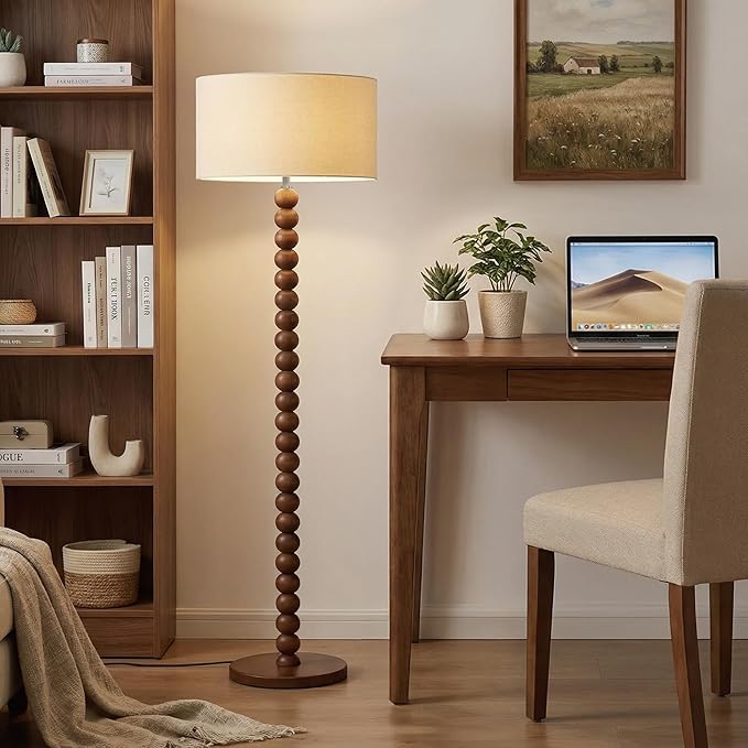 Buruis 61" Beaded Wood Floor Lamp with 17.2" Large Linen Shade, Retro Mid-Century Accent Walnut Finish Standing Lamp for Living Room, Bedroom, Office, Corner, UL Listed, Bulb Not Included, Beige