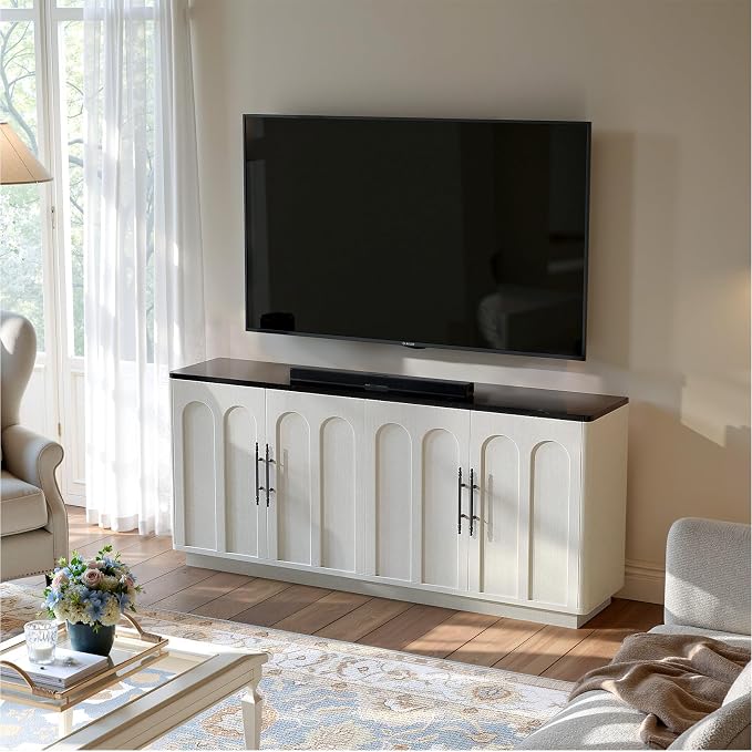 Evermagin 67" Arched Buffet Cabinet with Storage, Warm White 4-Door Sideboard Credenza, Mid Century Modern Storage Cabinet for Kitchen, Dining Room and Living Room, 67" W x 31.5" H x 15.7" D