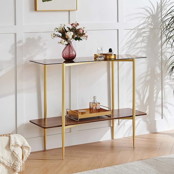 Rectangle Glass Console Table, Mid-Century Modern Design, L41*W14*H32 inch, for Living Room, Amber Glass Top and Walnut Finish Wood Shelf, Conical Metal Legs with Gold Finish