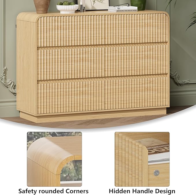 Oak Dresser Fluted 6 Drawers Dresser for Bedroom, 47" Wide Wood Chest of Drawers with Hidden Handles & Rounded Corners, Modern TV Stand Storage Cabinet for Living Room, Hallway, Entryway