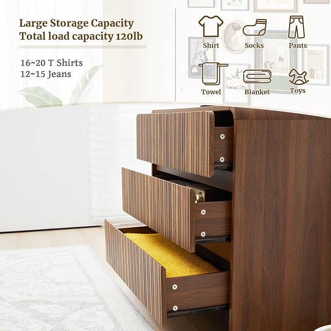Fluted 3 Drawer Dresser for Bedroom,Mid Century Modern Wide Chest of Drawer,Curved Edge Wood Closet Dresser Nightstand for Bedroom Living Room Hallways (Walnut, Wide 3 Drawer)