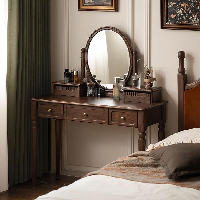 Vintage Vanity Desk with Rotating Mirror, Solid Walnut Dressing Table for Bedroom, Dark American Style Vanity, 37" W x 18" D x 56" H