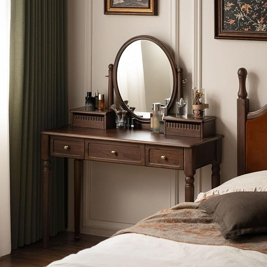 Vintage Vanity Desk with Rotating Mirror, Solid Walnut Dressing Table for Bedroom, Dark American Style Vanity, 37" W x 18" D x 56" H