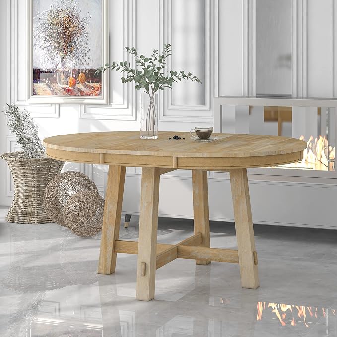 JUSTONE Farmhouse Round Extendable Dining Table with 16" Leaf – Natural Wood Wash Kitchen Table