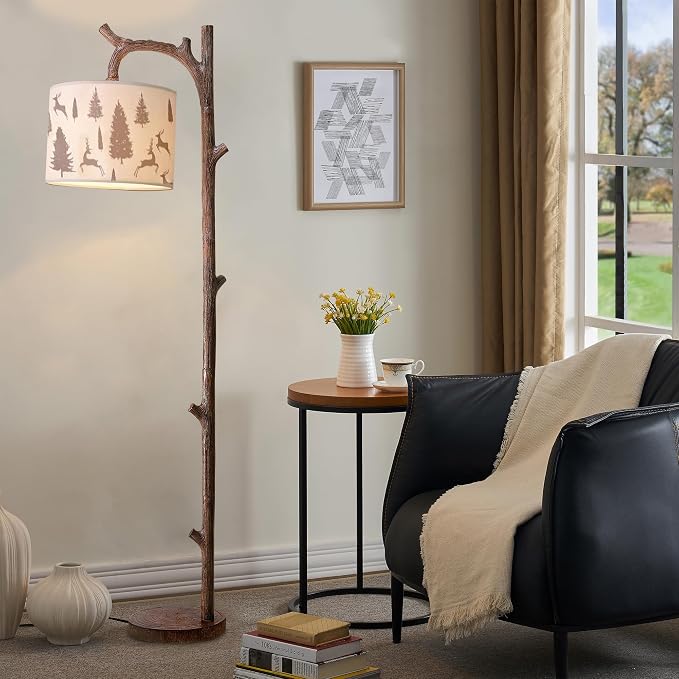 70" Farmhouse Rustic Floor Lamps for Living Room, Brown Vintage Tree Trunk Standing Tall Lamp Faux Wood with Fabric Drum lampshade, Vintage Reading Floor Light for Bedroom Office Hotel