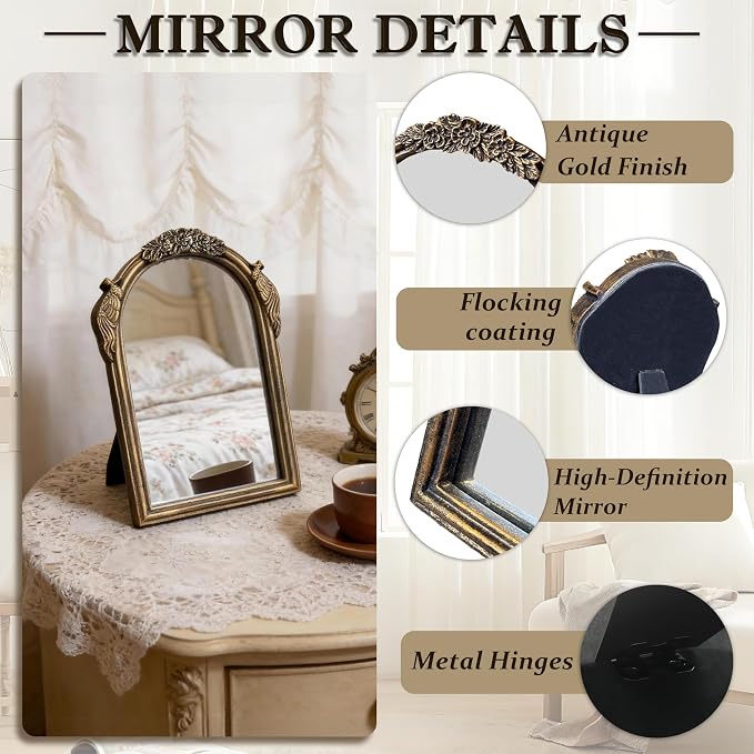 Vintage Vanity Desk Mirror -10x7Inch Wall-Mounted & Tabletop Decorative Ornate Gold Accent Retro Makeup Mirror for Bedroom Dresser Living Room Bathroom Dorm Champagne Gold