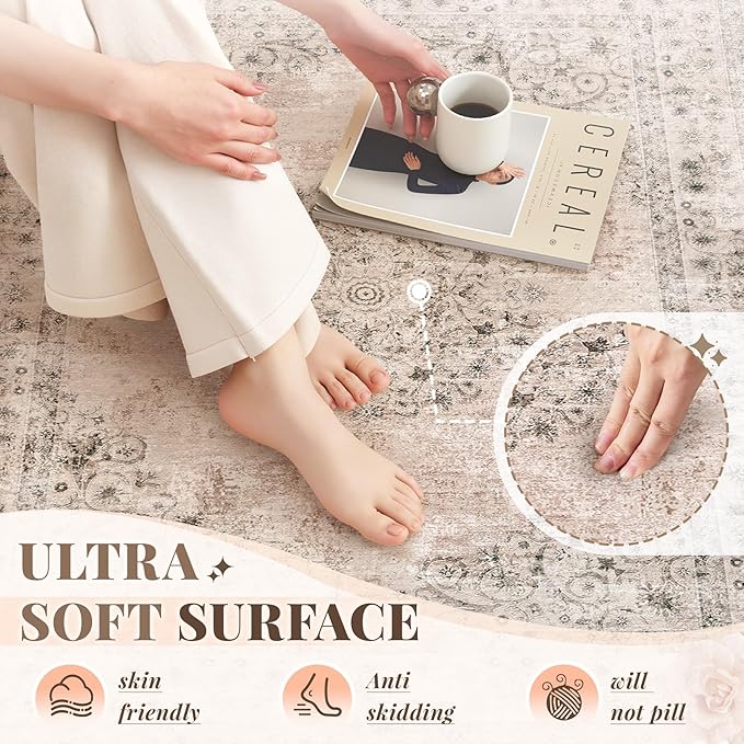 Area Rug 6x9 Vintage Rug: Washable Indoor Medallion Rugs Low Pile Distressed Floor Carpet Retro Accent Rug for Living Room Bedroom Kitchen Dining Table Home Office(Distressed Brown, 6'x9')