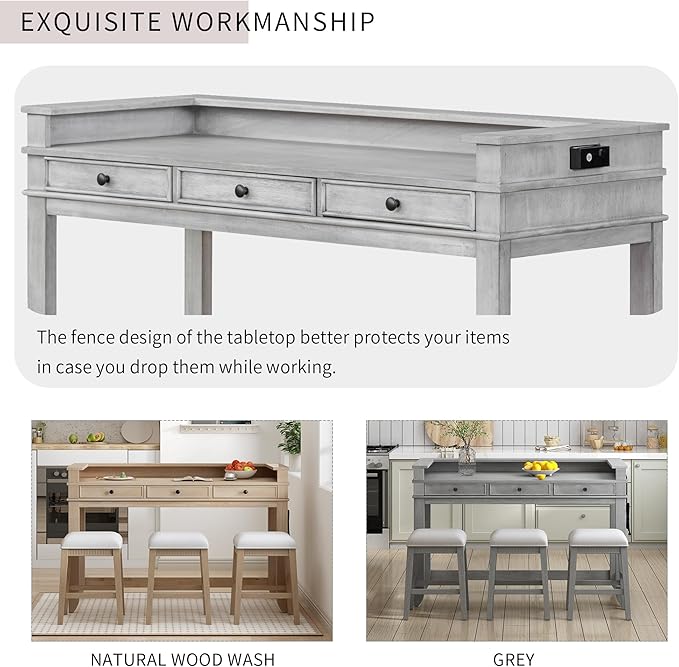 VilroCaz 4-Piece Counter Height Extra Long Dining Table Set with 3 Drawers and Upholstered Stools, Rubber Wood Dining Table Set Home Bar Set with Footrest and USB Port (Grey-B1)