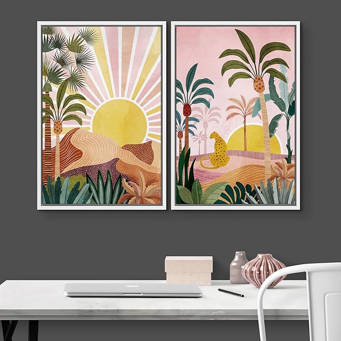 IDEA4WALL Framed Canvas Print Wall Art Set Sunlight Over Tropical Jungle Cheetah Cat Nature Wilderness Digital Art Modern Art Decorative Animals for Living Room, Bedroom, Office - 16"x24"x2 White