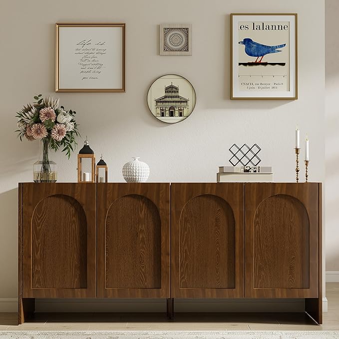 63" Sideboard Buffet Cabinet with Storage, 4 Door Solid Wood Veneer Sideboard Modern Arched Accent Cabinet with Adjustable Shelves, Large Credenza for Living Room,Kitchen,Entryway(Walnut)