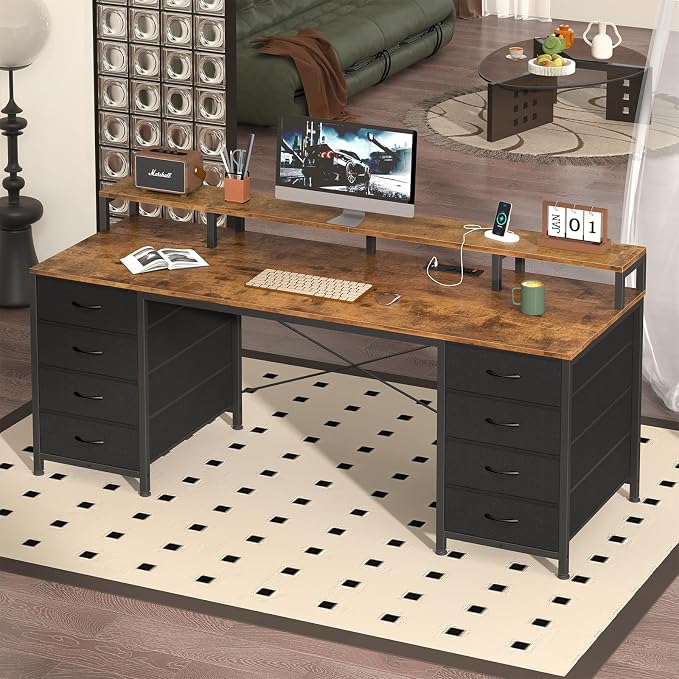 YOMILUVE 60 Inch Computer Desk with 8 Fabric Drawers, Gaming Desk with LED Lights & Power Outlets, Home Office Desk with Monitor Stand, Rustic Brown