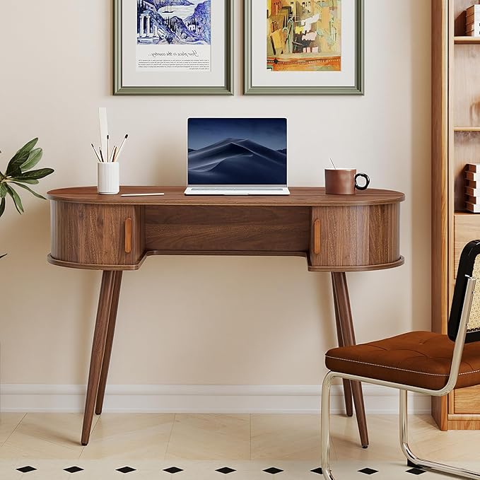 Mid-Century 43" Wood Writing Desk, Home Office Computer Laptop Desk with 2 Sliding Storage Space, Elegant Fluted Vanity Table Multifunctional Study Desk for Office, Bedroom (Wlanut-43)
