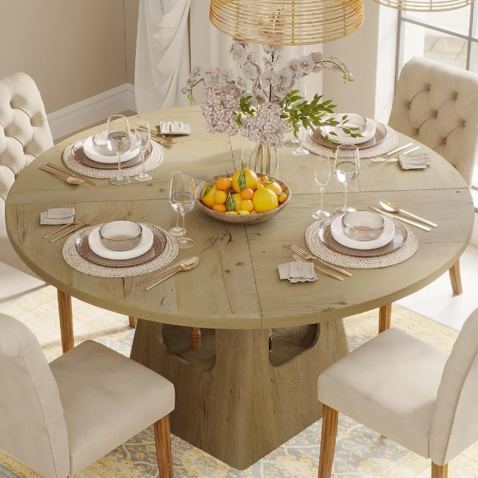 KEIKI 47" Round Dining Table for 4-6, Mid Century Modern Kitchen Table with Storage Base, Wooden Corner Dinner Desk for Living Room Breakfast Nook Restaurant, Easy Assembly, Natural
