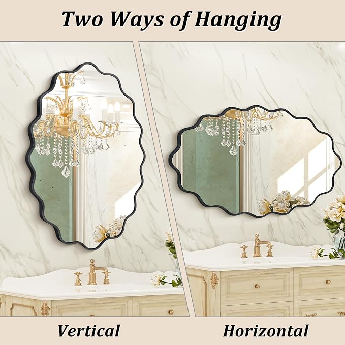Oval Wavy Wall Mirror -Irregular Wall Mirror with Black Asymmetrical Aluminum Alloy Frame,24"x36" Decorative Wall Mirrors for Bathroom, Bedroom, Living Room, Dining Room，Entryway