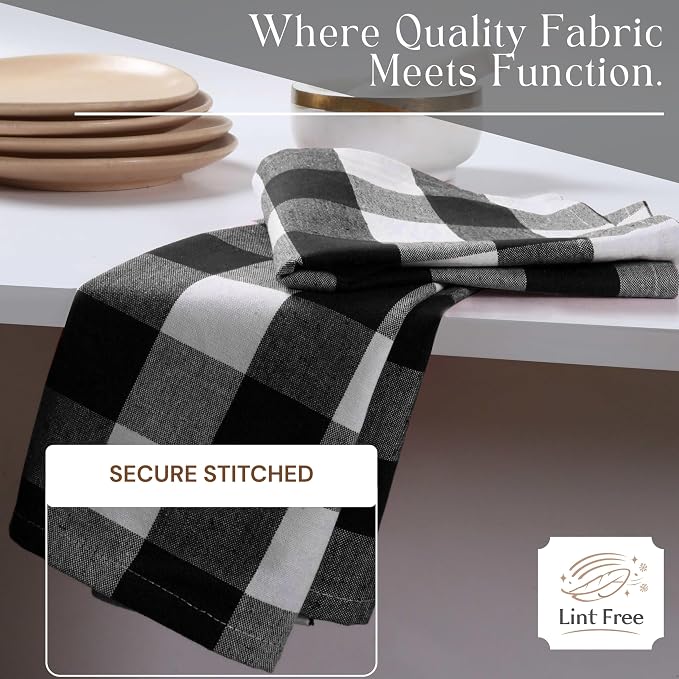 Black Buffalo Plaid Kitchen Dish Towels, 4 Pack, 100% Cotton, 16x26 Inches, Super Absorbent, Quick Dry, Soft, Durable, Dish Drying & Cleaning Towels with Hanging Loop, Black & White