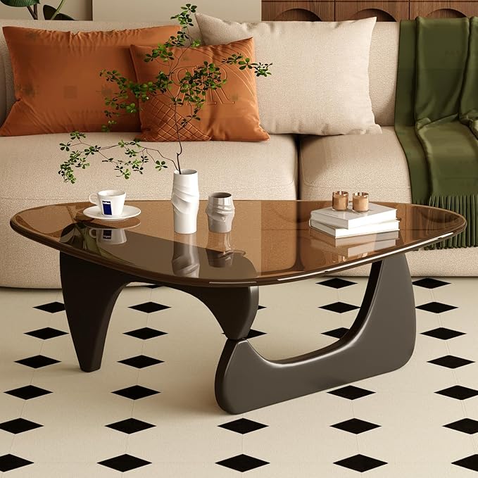 Coffee Table for Living Room Mid Century Modern Center Table with Glass Top and Wood, Black Brown