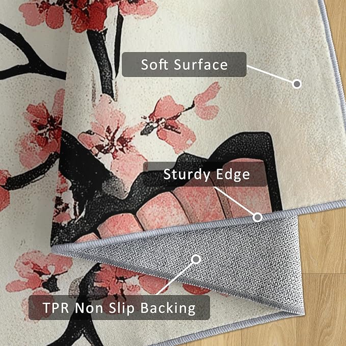 Japanese Cherry Blossom Runner Rug 2x7, Oriental Fan Design, Asian Area Rug Washable Hallway Rugs Non-Slip Floor Carpet Runner for Bedroom, Narrow Hallway, Kitchen Aisle