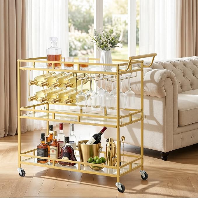 VEVOR Bar Cart, 3 Tiers Home Kitchen Serving Carts, Modern Rolling Utility Station on Wheels, Drink Beverage Trolley with Tempered Glass Shelves, Wine Rack, Glass Holder, for Living Dining Room, Gold