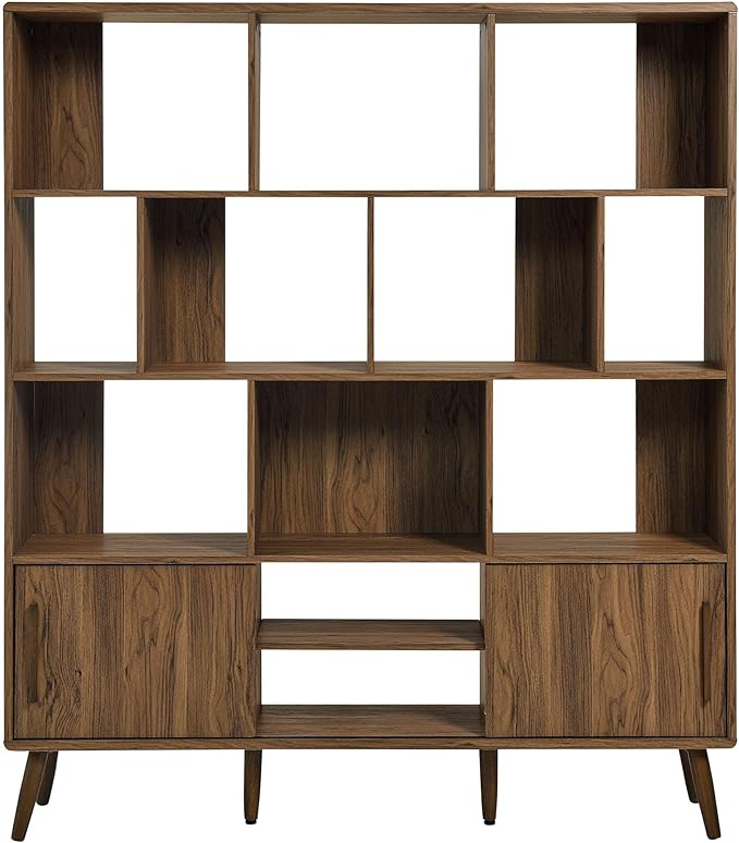 Modway Transmit 14 Shelf Bookcase with Sliding Doors in Walnut - 59 Inch Wood Mid-Century Modern Bookshelf - 4 Tier Wide Open Display Storage Cabinet for Living Room, Office, Hallway