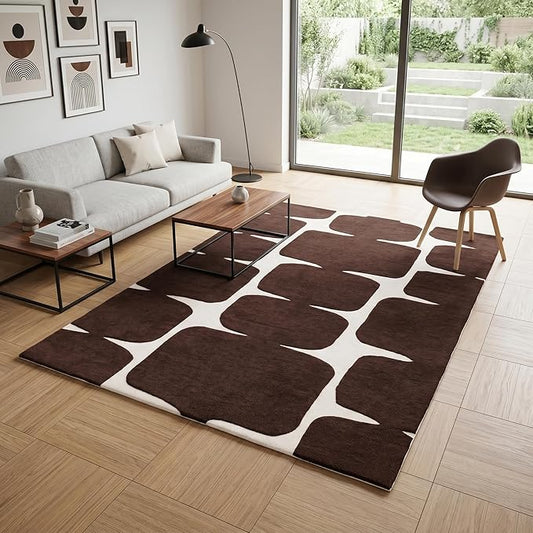 Restoration and Renovation Modern Wool Area Rug - Contemporary Abstract Geometric Design, Thick & Soft Hand-Tufted Carpet - Ideal for Indoor Decor in Living Room, Bedroom (Chocolate Brown, 10' x 14')