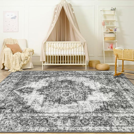 Area Rug 4x6 Vintage Rugs: Washable Indoor Medallion Rug Low Pile Distressed Floor Carpet Retro Accent Rugs for Living Room Bedroom Kitchen Dining Table Home Office(Black, 4'x6')